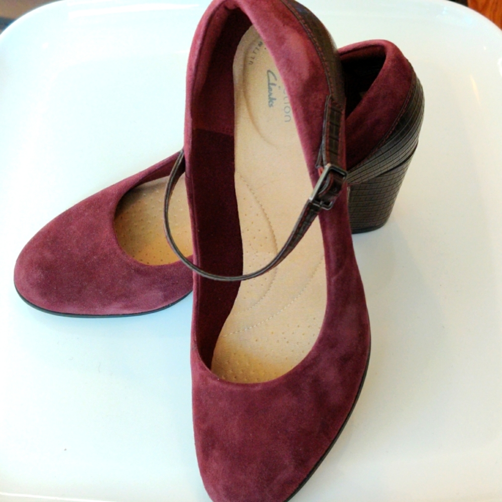 Clark's collection burgundy heeled Maryjane style shoes.
